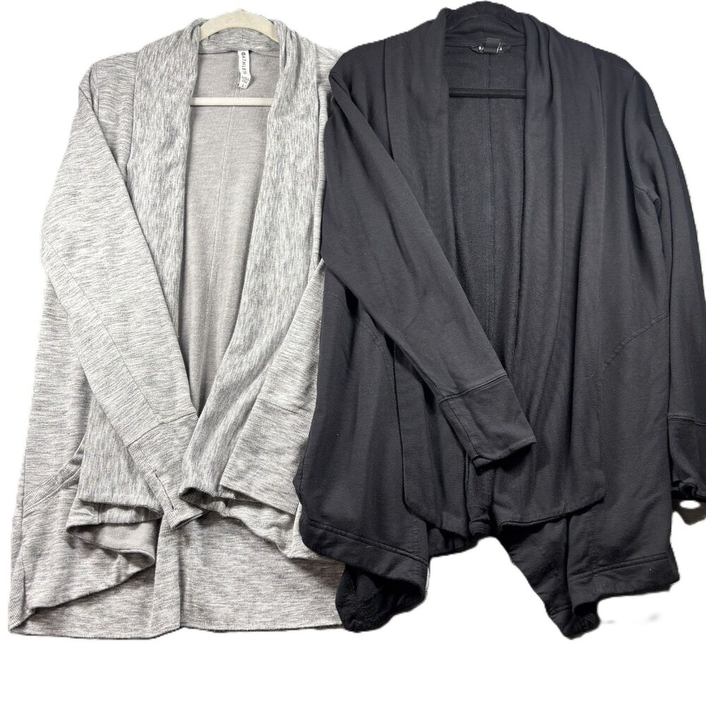 Athleta Women Cardigan Lot Pranayama Open Drape Thumbholes Black Gray Large M267